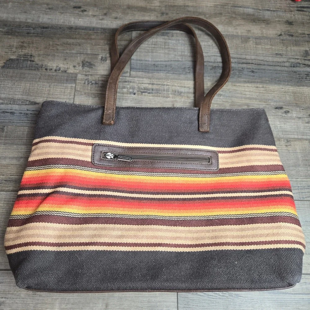 Wrangler Southwestern Striped Canvas Tote Bag Brown Faux Leather Trim Large